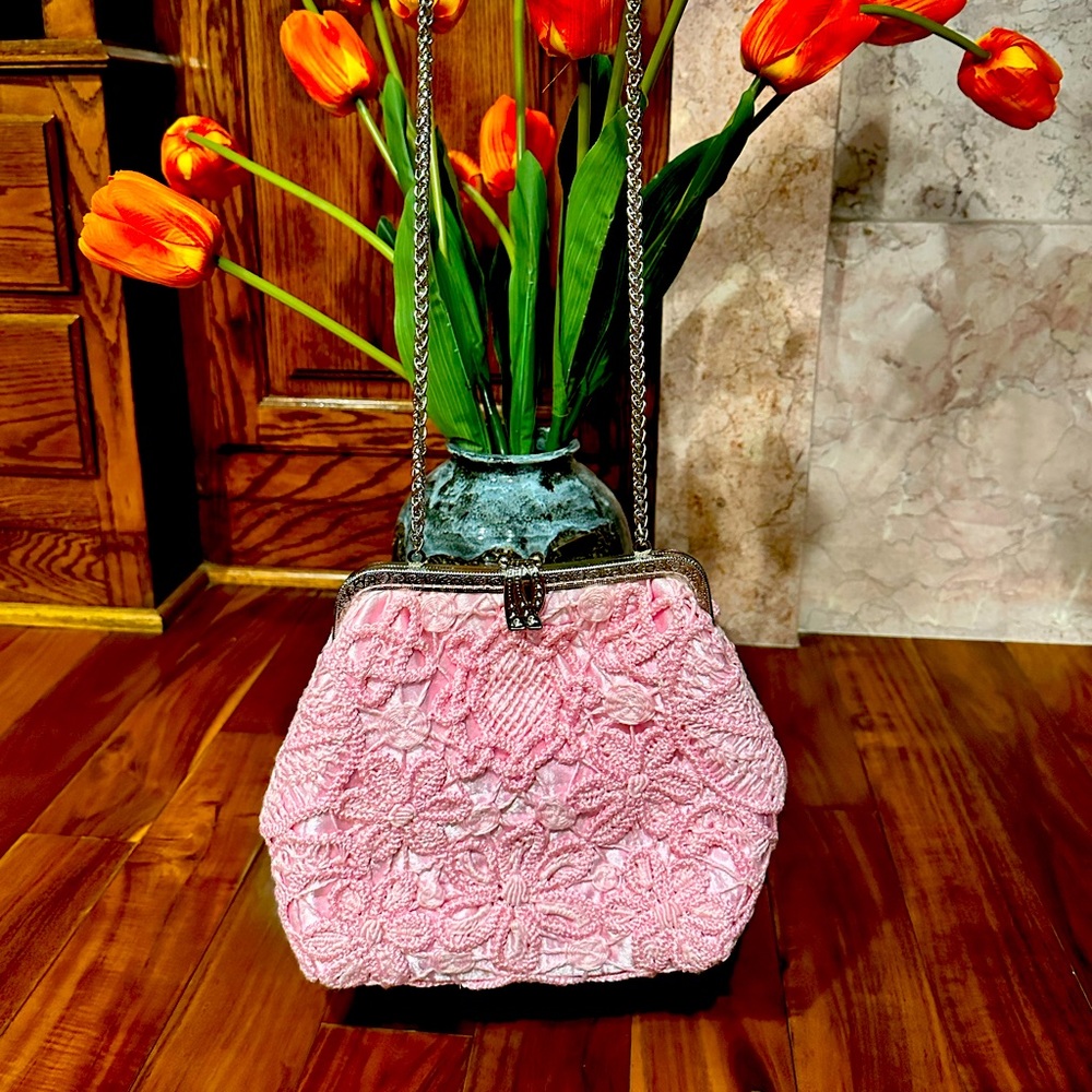 Beautiful black crotchet bag; hand made. Exquisite detail inside.